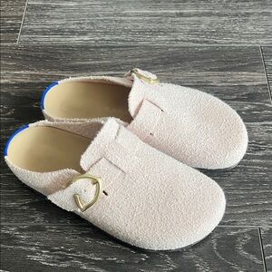 Rothy’s Pink Textured Slip-On Shoes with Gold Buckle